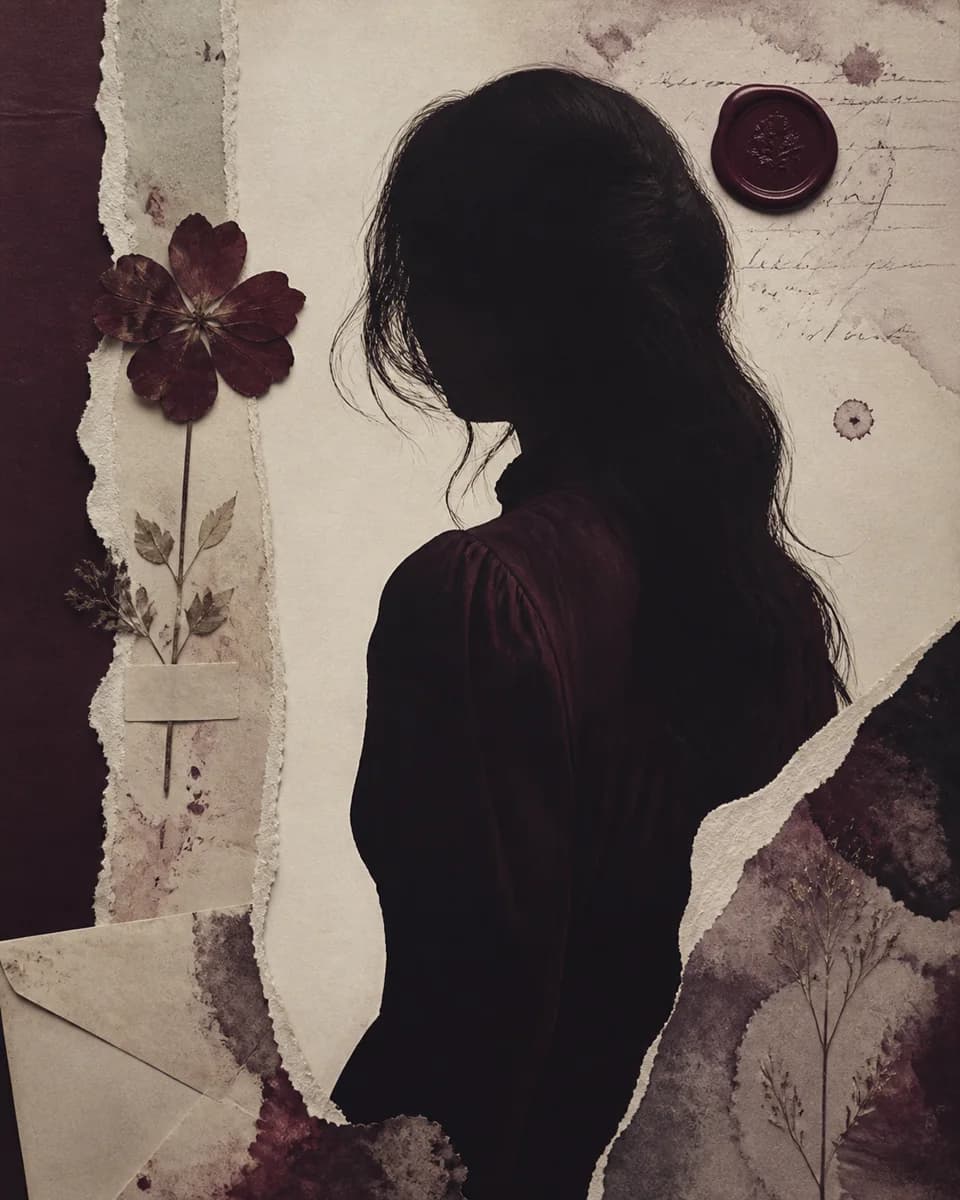 Siluet perempuan dengan bunga burgundy, surat, dan elemen kolase bernuansa gelap.