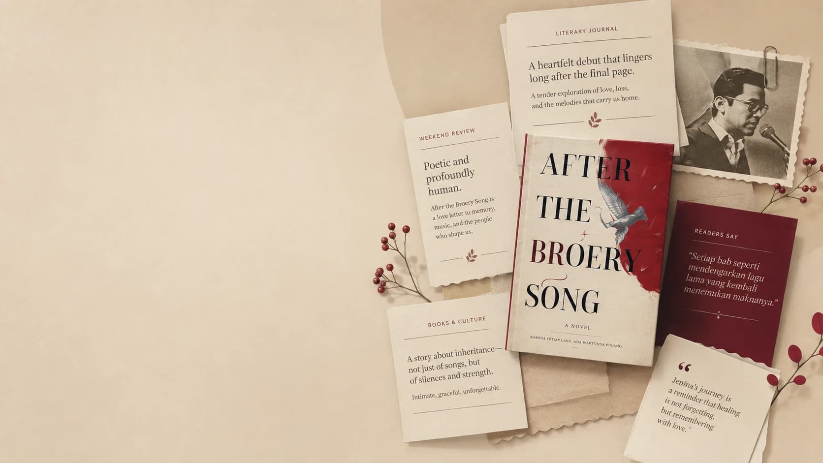 Kolase buku, kliping, foto, dan elemen liputan After the Broery Song.
