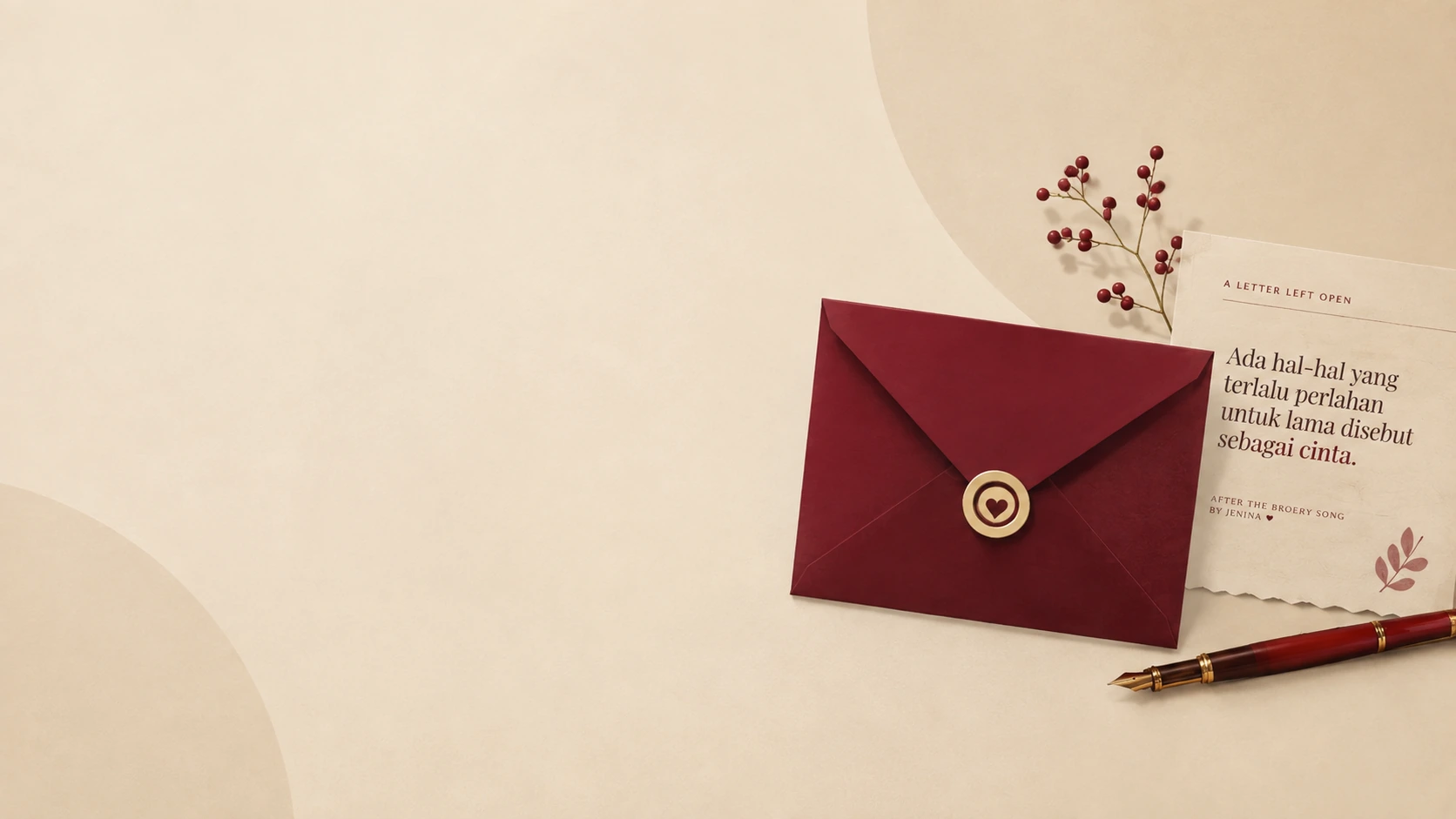 Amplop bersampul burgundy, pena, surat, dan bunga sebagai visual edisi cetak After the Broery Song.